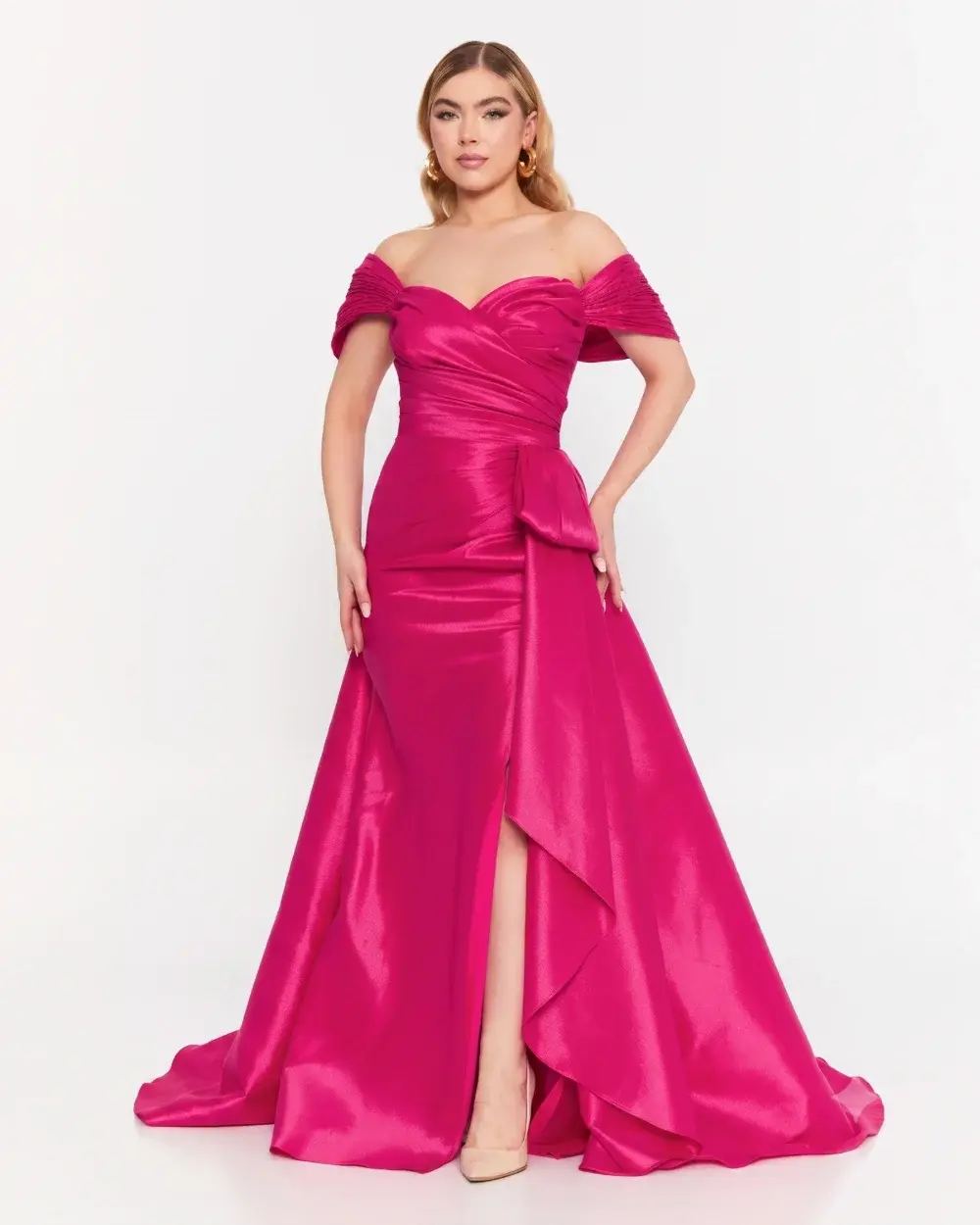 Fuchsia Off-Shoulder-Ballkleid in Satin-Optik mit Schleife und Beinschlitz – Lorda
