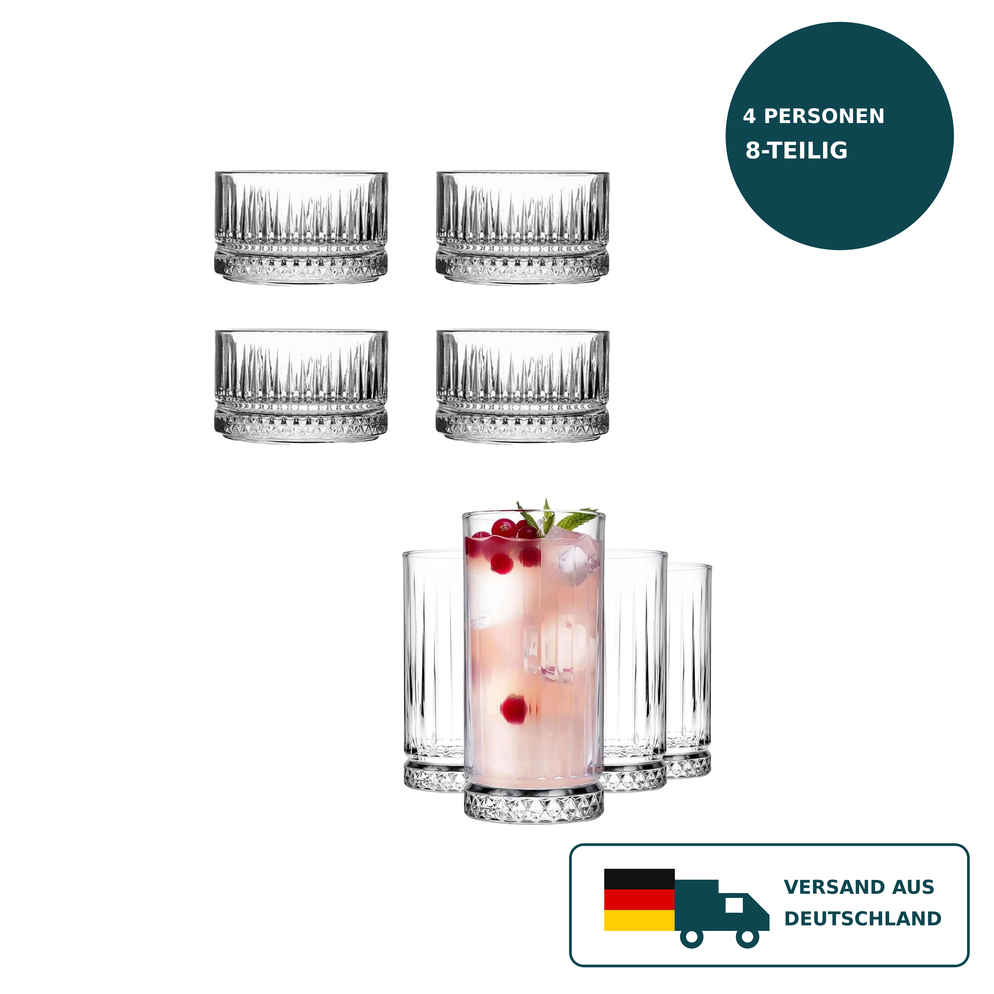 HELDENA Longdrinkgläser & Glasschalen 8-tlg. – 4×365 ml + 4×235 ml, Facettendesign – Standard