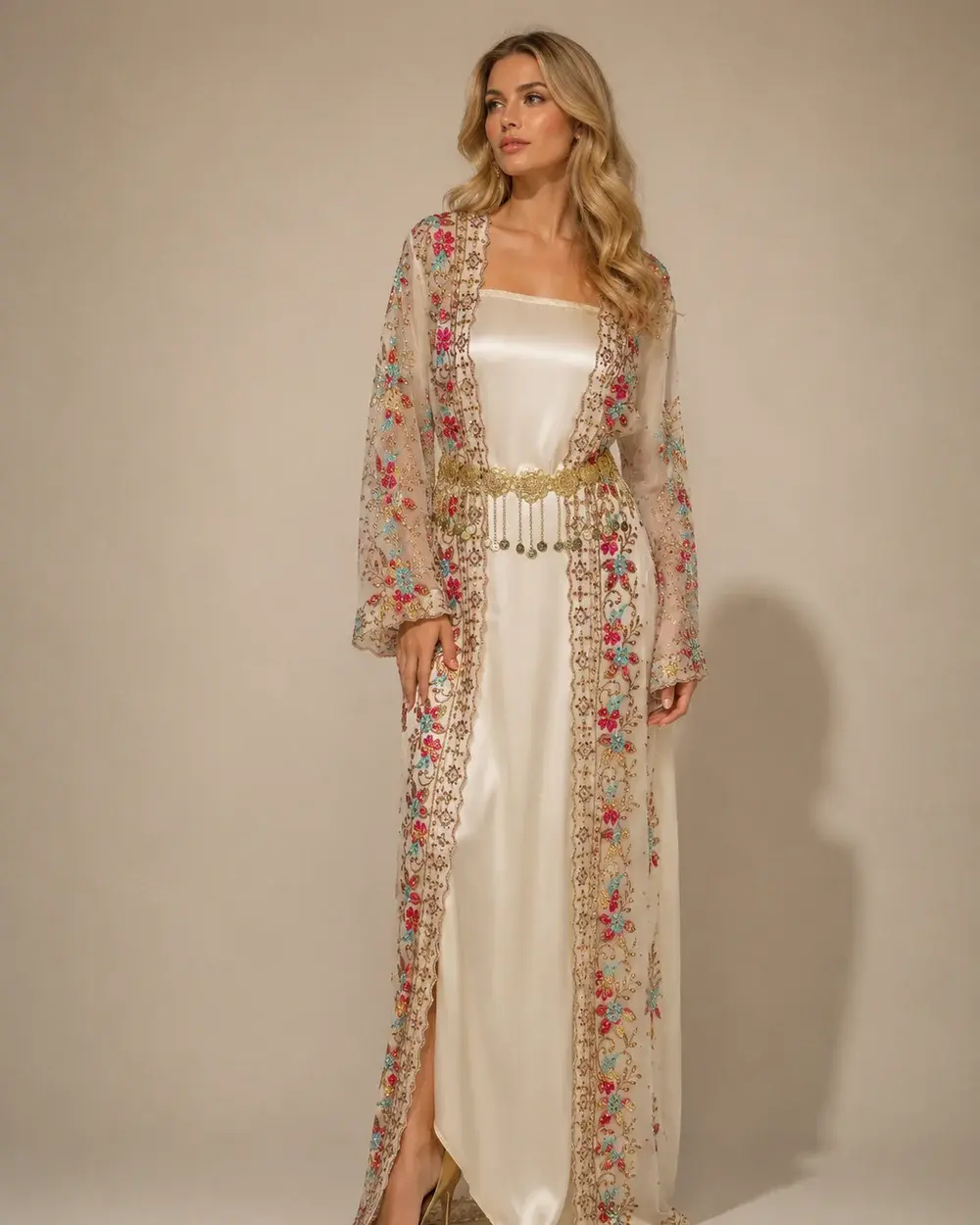 Cremefarbenes Satinkleid mit transparentem Blumen-Überkleid, zweiteilig – Dilba