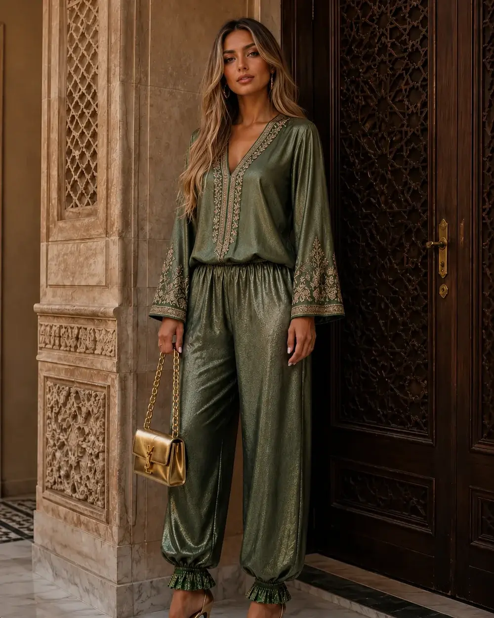 Kurdische Hose in Khaki-Oliv mit Glanz, elastischer Bund, Länge 100 cm