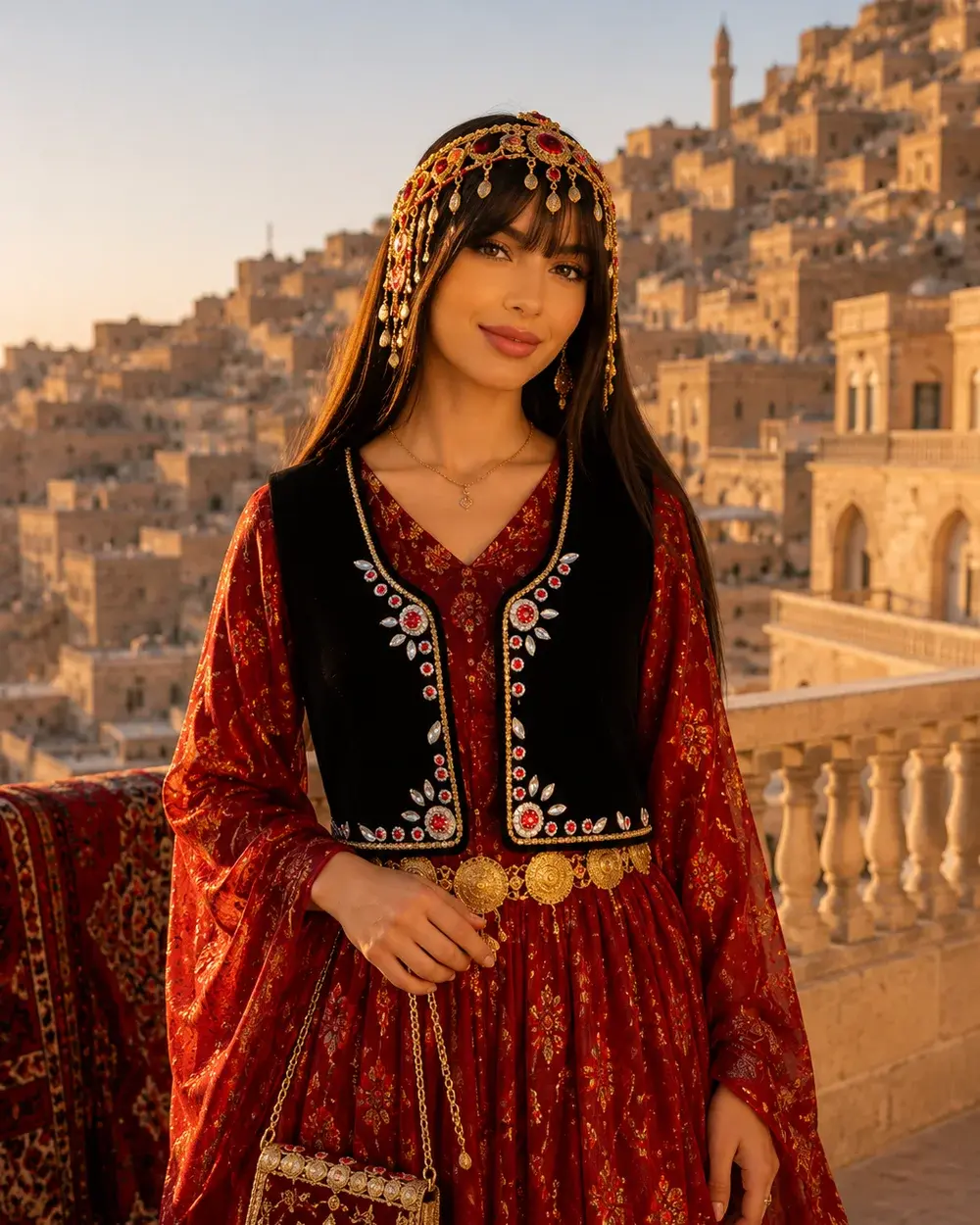 Schwarze kurdische Samtweste mit Gold- und Rotstickerei – Êlek – Weste 26