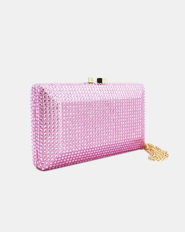 Rosa Strass-Clutch mit goldener Kette – Abendtasche für Hochzeit & Party