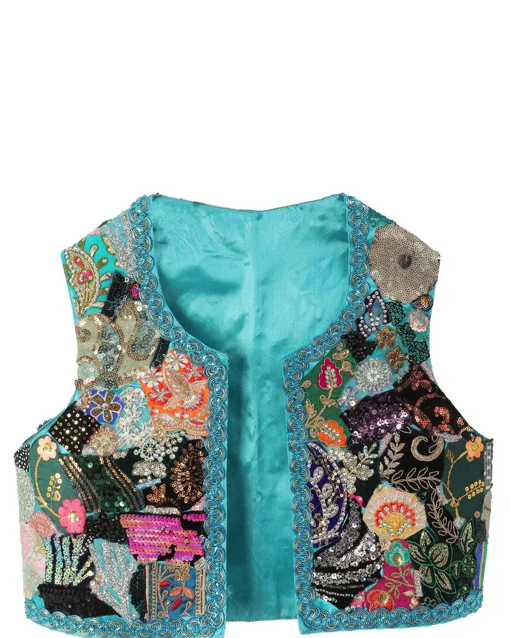 Türkise Weste mit bunter Patchwork-Stickerei und Pailletten – Êlek – Weste 17