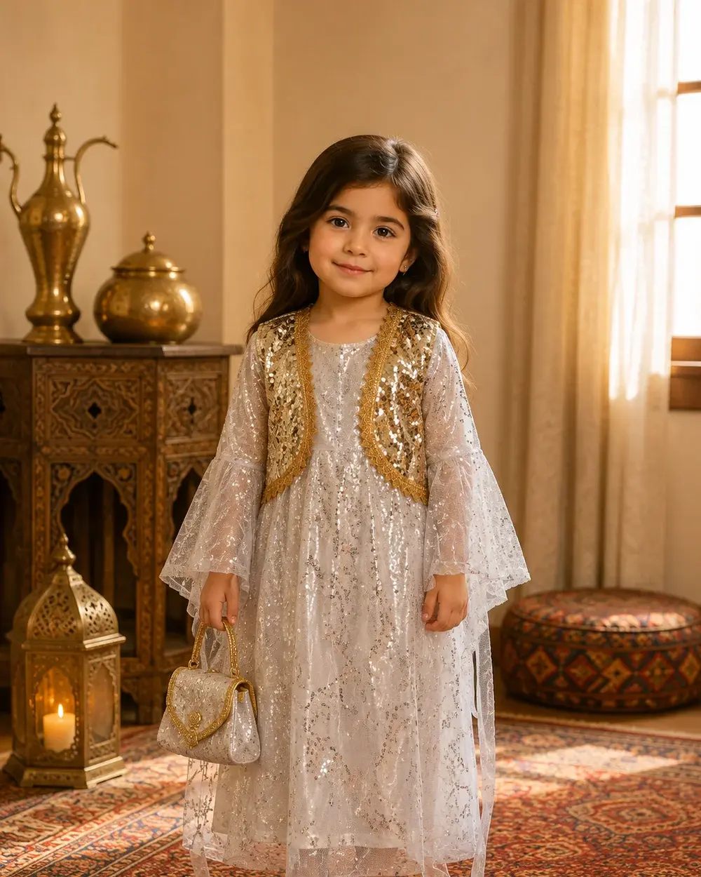 Festliches kurdisches Kleinkinderkleid in Weiß-Silber mit goldener Weste – Dîlara
