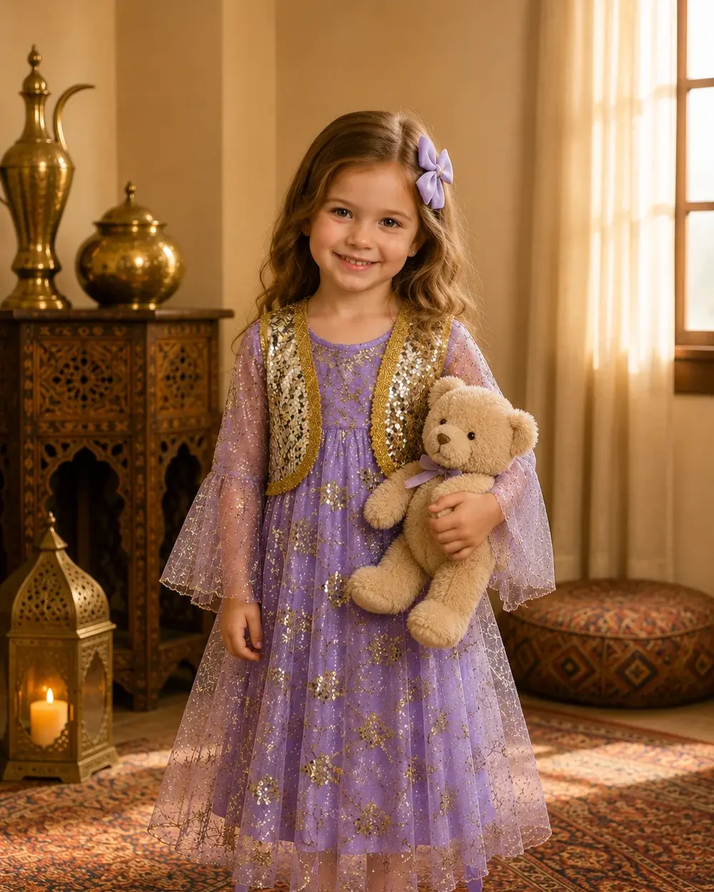Kurdisches Kinderkleid in Lila-Gold mit Pailletten-Weste – Mädchen-Festkleid für Hochzeit & Newroz