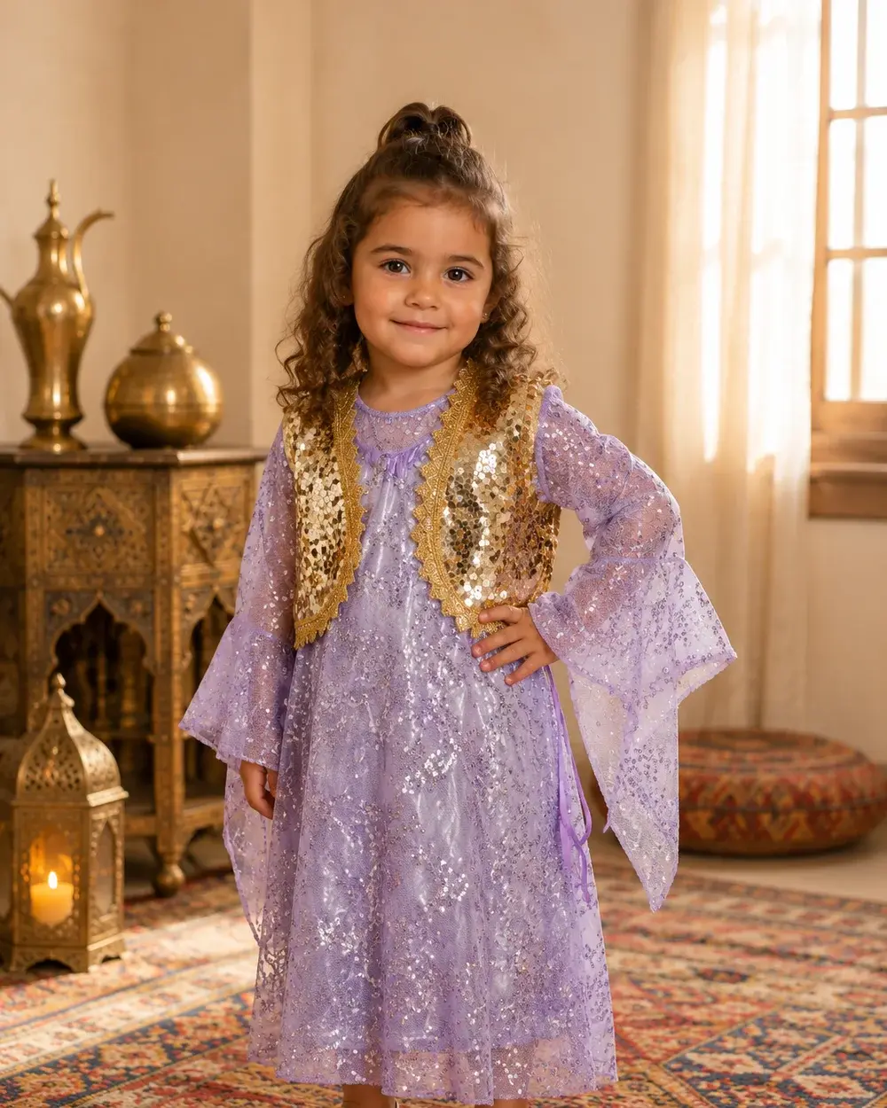 Lila Mädchenkleid mit Tüllärmeln und goldener Weste (Elak) – kurdisches Kinderkleid – Desdina