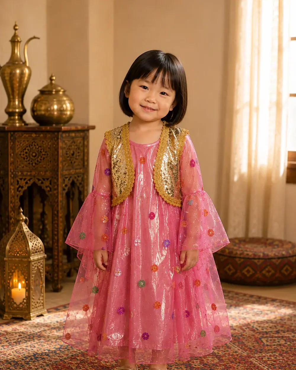 Rosa-rotes Mädchenkleid aus Tüll mit bunten Tupfen – kurdisches Kinderkleid – Lolo