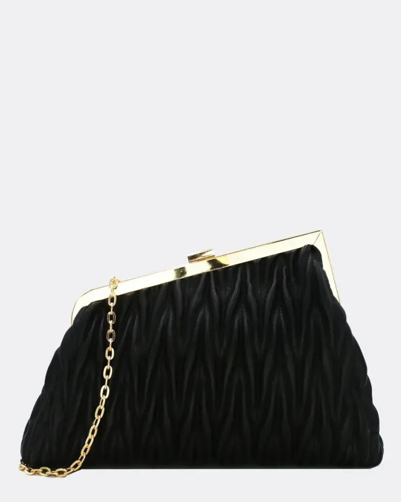 Schwarze gesteppte Clutch mit Goldrahmen und Kette – Abendtasche