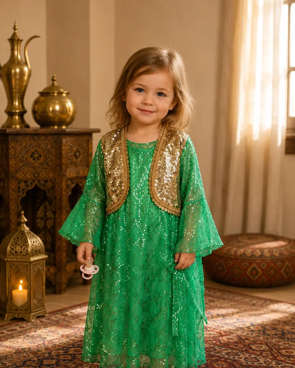 Grünes Mädchenkleid mit Glitzer-Tüll und goldener Weste (Elak) – kurdisches Kinderkleid – Dîla