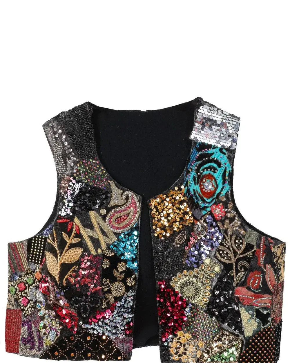 Bunte Patchwork-Weste mit Pailletten und Stickerei auf Schwarz – Unikat – Êlek – Weste 12