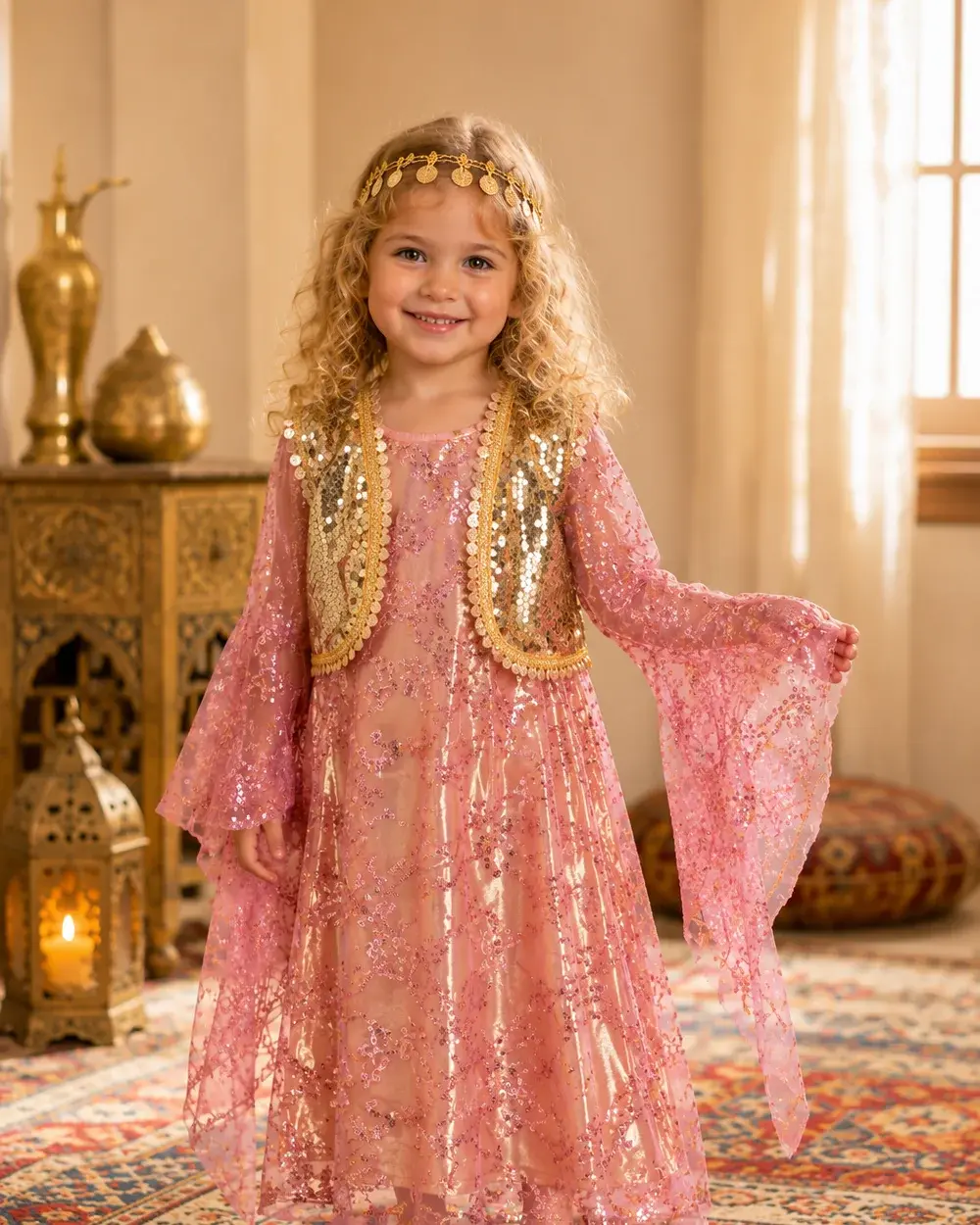 Rosa Mädchenkleid aus Glitzer-Tüll mit weiten Ärmeln – kurdisches Kinderkleid – Hilda