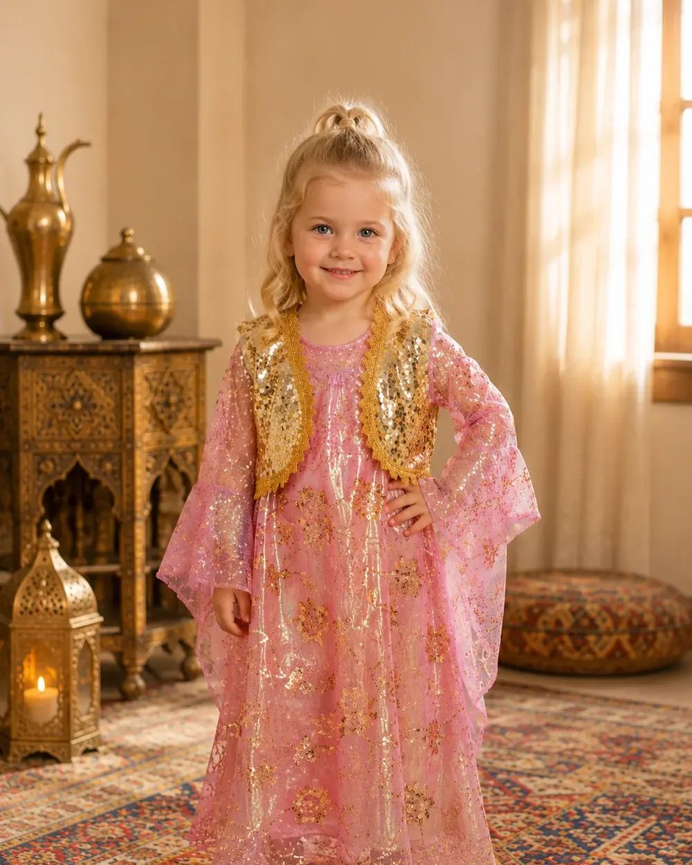 Rosa Mädchenkleid mit goldenen Pailletten und Tüllärmeln – Ronahî