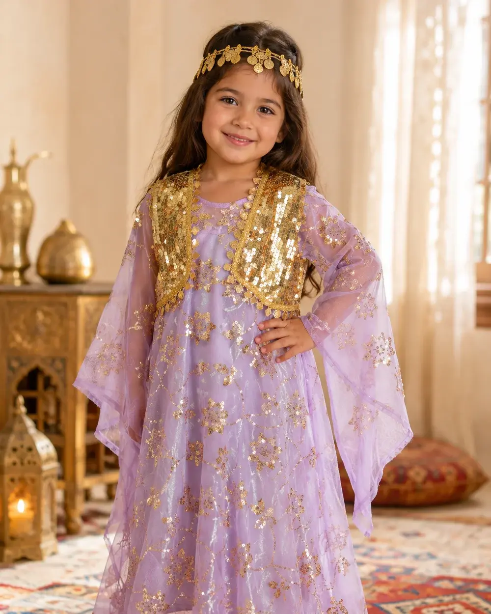 Flieder-weißes Mädchenkleid aus Glitzer-Tüll mit goldener Weste (Elak) – Nurşan