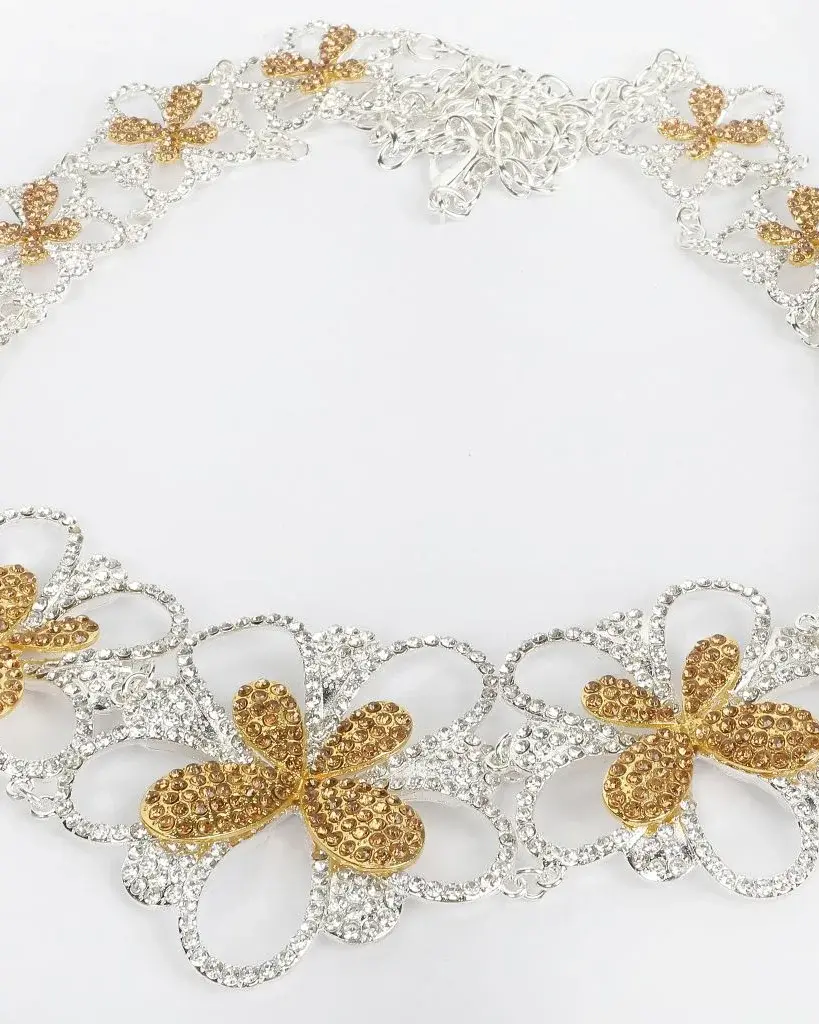 Strass-Gürtel in Silber mit goldenen Blüten – Brautgürtel – 04025