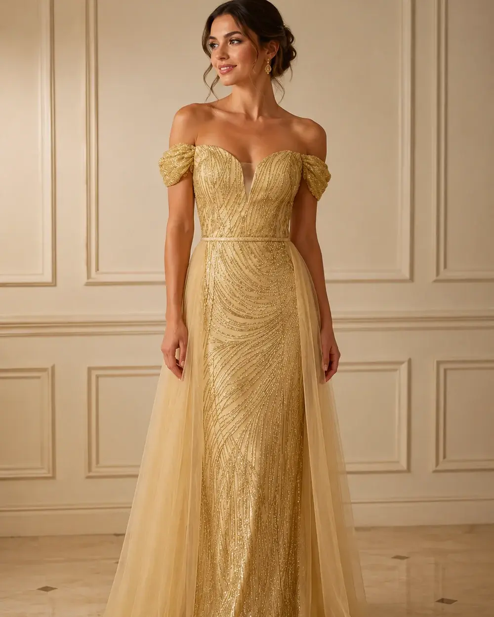 Goldenes Paillettenkleid im Meerjungfrau-Schnitt mit Tüll-Drapé und Schlitz – Zoya