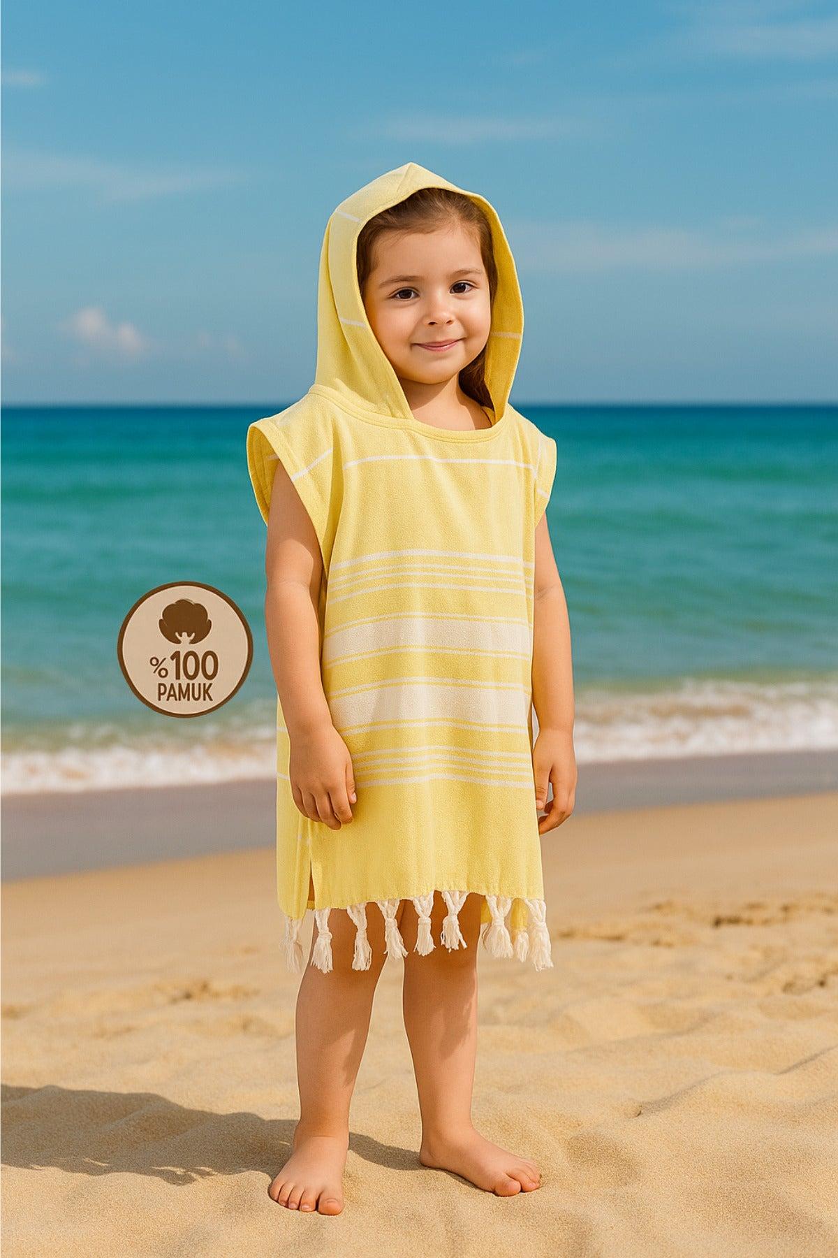 HELDENA Kinder Poncho Bademantel – Baumwolle Peshtemal, Gelb, Blau & Grau, 5–10 Jahre