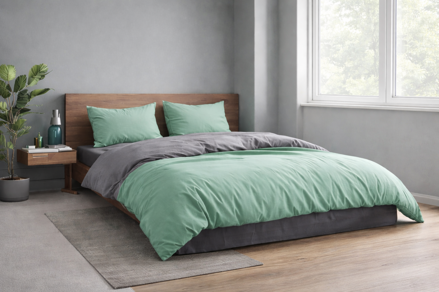 HELDENA Wendebettwäsche-Set 200 × 220 cm – Grün/Grau & Rosa/Grau, 4-teilig mit Spannbettlaken